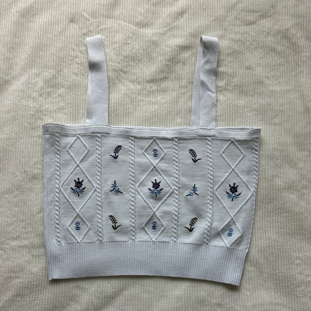 Embroidered White Knit Tank Top